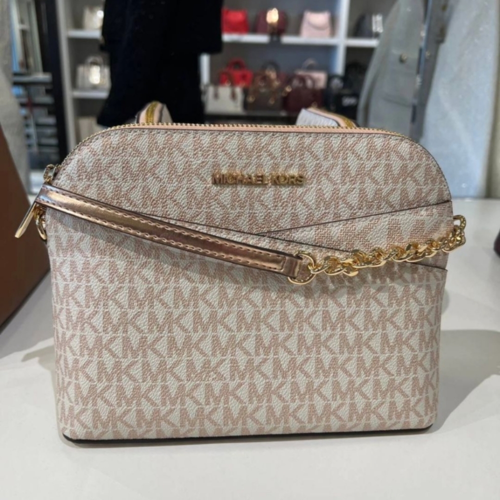 NWT Michael Kors Jet Set Travel Medium Metallic Signature Logo Dome Cros…